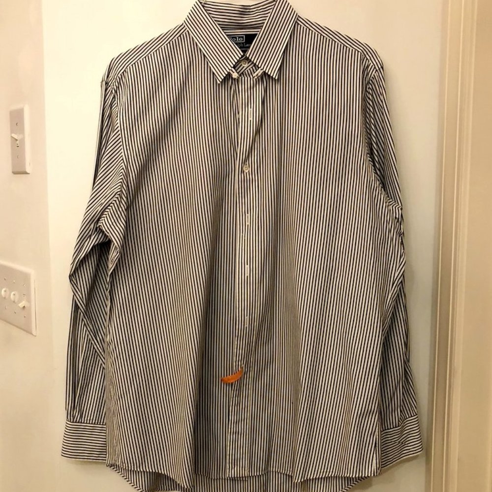 POLO Dress Shirt Black and White Stripe with Tab Collar XL